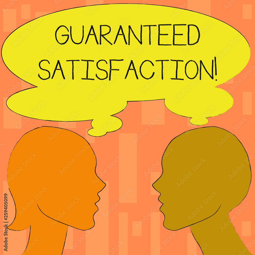 Word writing text Guaranteed Satisfaction. Business photo showcasing if buyer not satisfied product purchased will refund Silhouette Sideview Profile Image of Man and Woman with Shared Thought Bubble