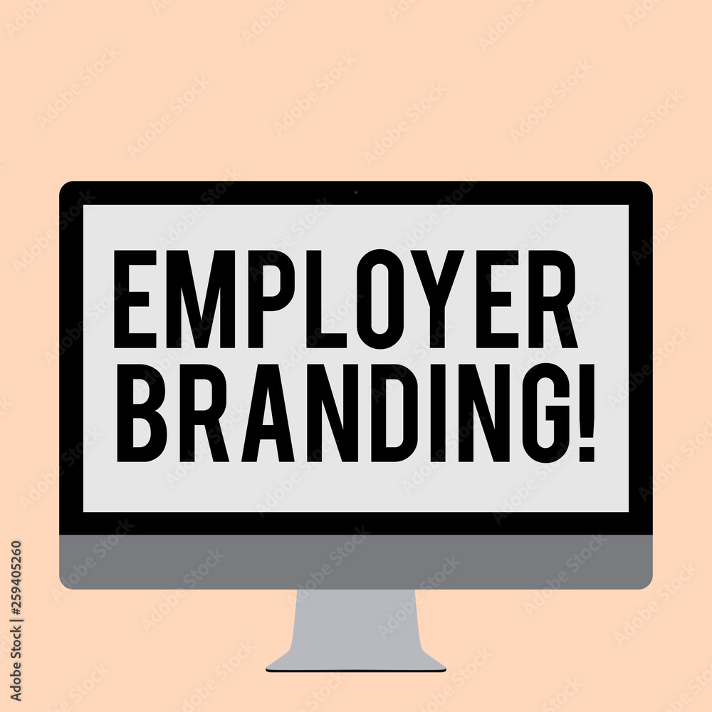 Fototapeta premium Word writing text Employer Branding. Business photo showcasing process promoting company of choice desired target group Blank White Computer Monitor WideScreen Mounted on a Stand for Technology