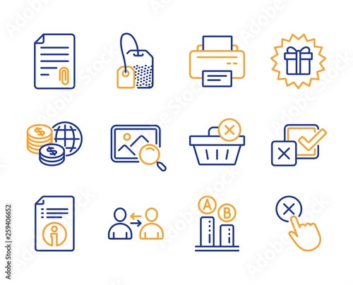 Ab testing, Delete purchase and World money icons simple set. Tea bag, Surprise gift and Printer signs. Technical info, Checkbox and Attachment symbols. Line ab testing icon. Colorful set. Vector