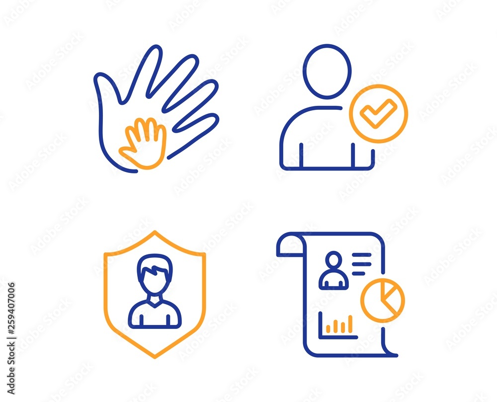 Identity confirmed, Security agency and Social responsibility icons simple set. Report sign. Person validated, People protection, Hand. Work statistics. People set. Linear identity confirmed icon