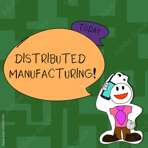 Text sign showing Distributed Manufacturing. Business photo text practiced by enterprises using network facilities Smiley Face Man in Necktie Holding Smartphone to his Head in Sticker Style © Artur