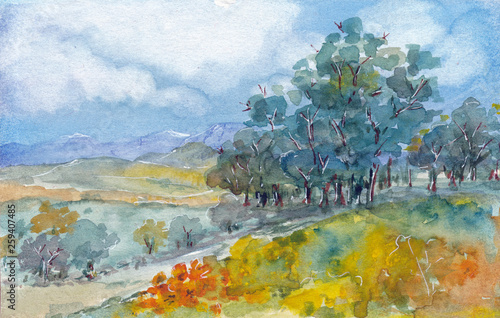 Watercolor landscape with trees, fields and mountains