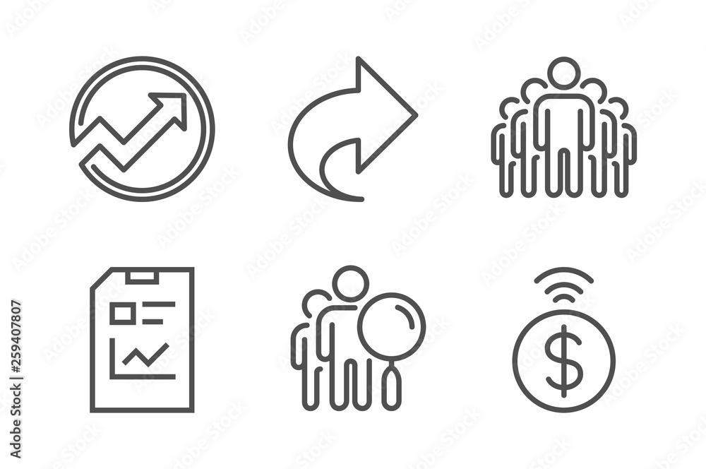 Fototapeta premium Search people, Share and Group icons simple set. Audit, Report document and Contactless payment signs. Find employee, Link. Technology set. Line search people icon. Editable stroke. Vector