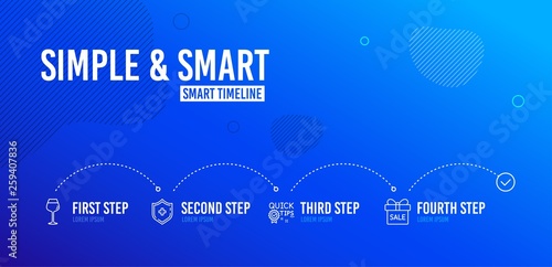 Infographic timeline. Medical shield, Bordeaux glass and Quick tips icons simple set. Sale offer sign. Medicine protection, Wine glass, Helpful tricks. Gift box. 4 steps layout. Vector