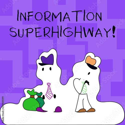 Text sign showing Information Superhighway. Business photo text Internet type network computers connect individuals Figure of Two Men Standing with Pouch Bag on White Sticker Style Snow Effect