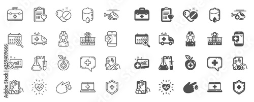 Medical rx line icons. Hospital assistance, Ambulance, Health food diet, Laboratory tubes icons. First aid kit, Medical doctor, Prescription Rx recipe. Drop counter, Ambulance emergency car. Vector