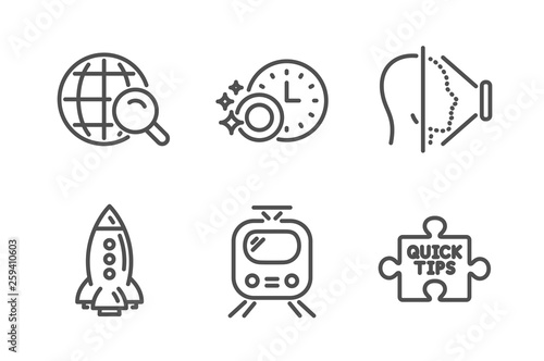 Face id, Train and Dishwasher timer icons simple set. Internet search, Rocket and Quick tips signs. Phone scanning, Tram. Technology set. Line face id icon. Editable stroke. Vector