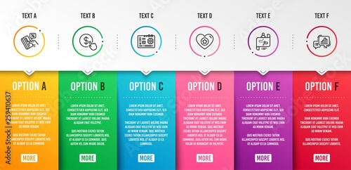 Heart, Motherboard and Journey path icons simple set. Credit card, Buy currency and Graph chart signs. Star rating, Computer component. Technology set. Infographic template. 6 steps timeline. Vector