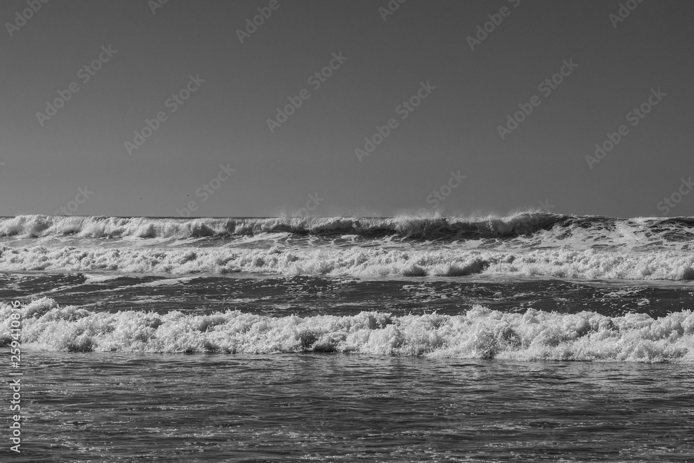 Black and white monochrome image of breaking ocean waves