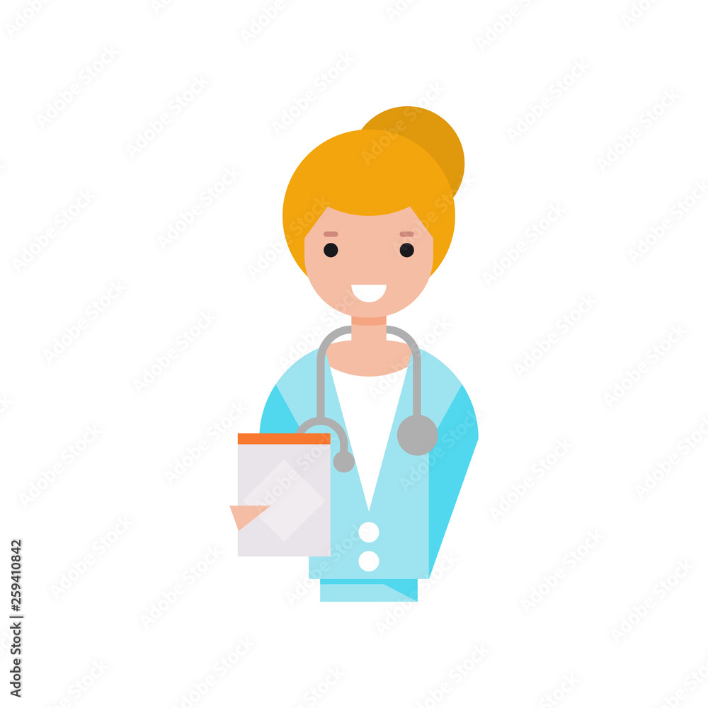 Female doctor character, girl in white coat with stethoscope holding clipboard vector Illustration on a white background Female doctor character, girl in white coat with stethoscope holding clipboard vector Illustration on a white background