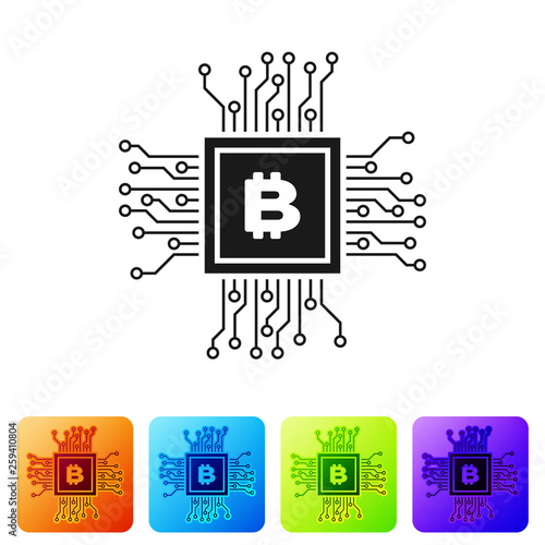Black CPU mining farm icon isolated on white background. Bitcoin sign inside processor. Cryptocurrency mining community. Digital money. Set icon in color square buttons. Vector Illustration