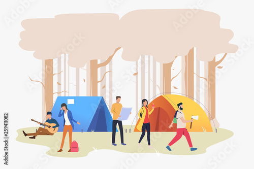 Friends resting at campsite in wood vector illustration