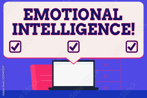 Text sign showing Emotional Intelligence. Business photo showcasing Ability to identify and analysisage own and other emotions Blank Huge Speech Bubble Pointing to White Laptop Screen in Workspace