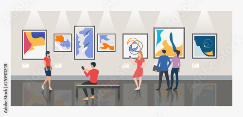 Men and women visiting museum or art gallery vector illustration