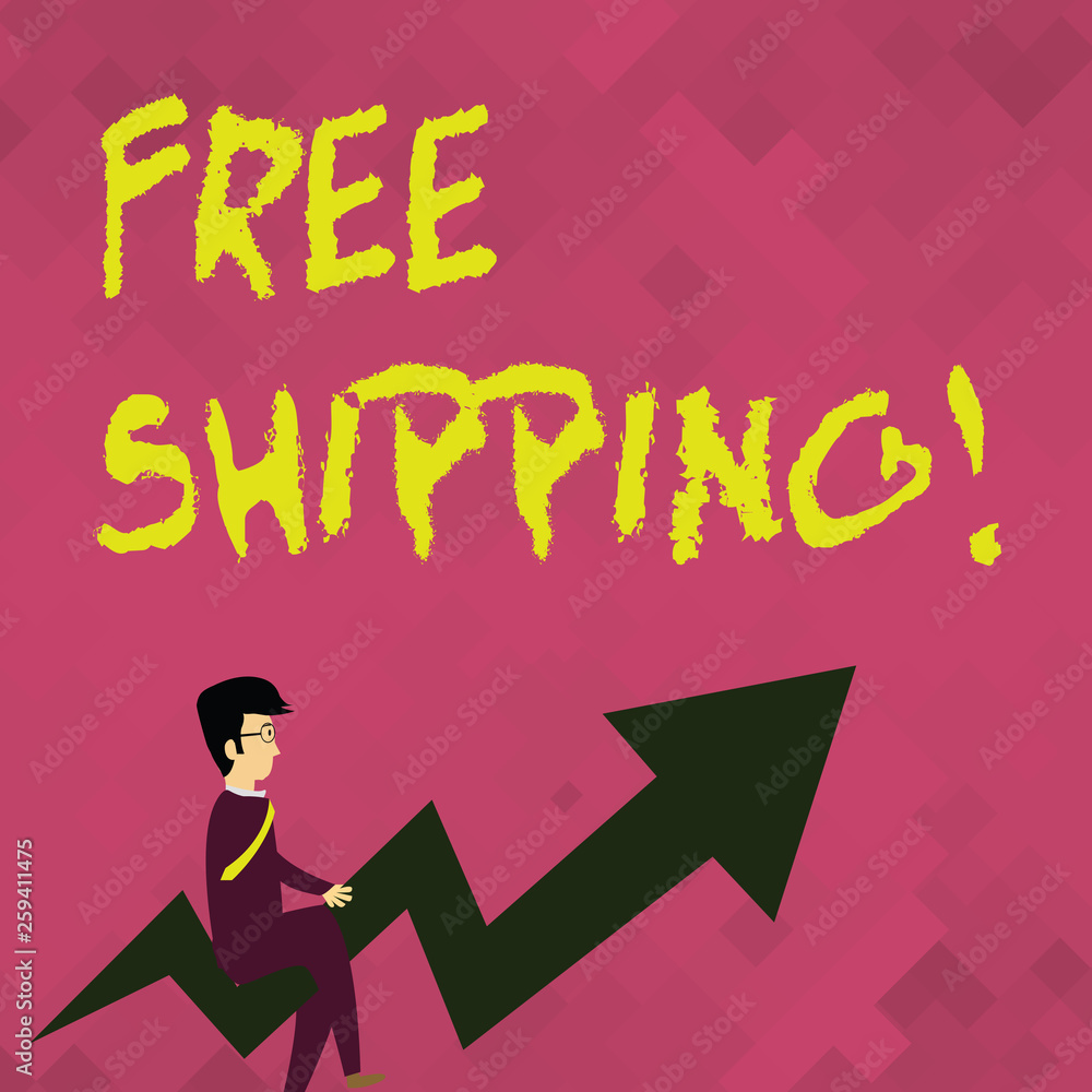 Word writing text Free Shipping. Business photo showcasing tactic used primarily by online vendors as sales strategy Businessman with Eyeglasses Riding Crooked Color Arrow Pointing Going Up Word writing text Free Shipping. Business photo showcasing tactic used primarily by online vendors as sales strategy Businessman with Eyeglasses Riding Crooked Color Arrow Pointing Going Up