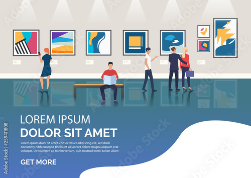 Slide page with people visiting art gallery vector illustration