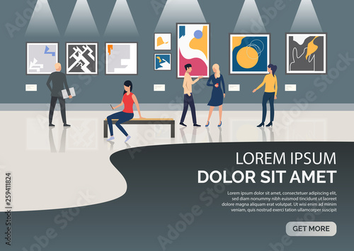 Slide page with people visiting museum vector illustration