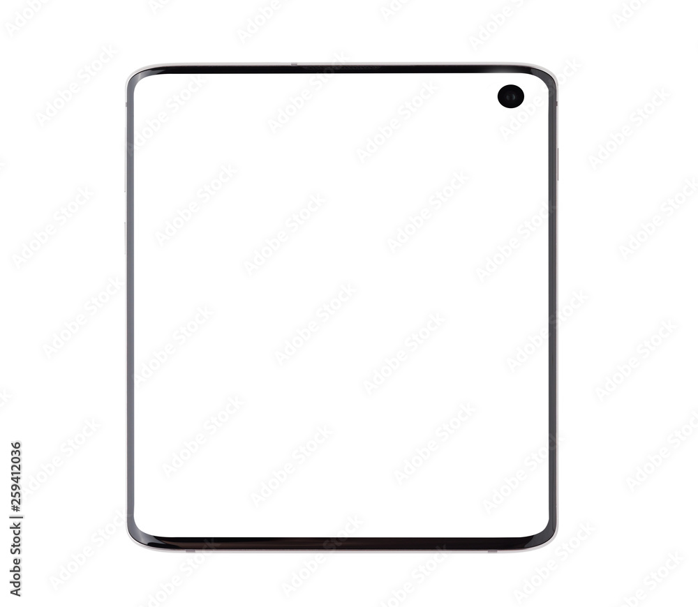 Tablet with a blank white screen. Tablet on a white background close-up. Tablet with a blank white screen. Tablet on a white background close-up.