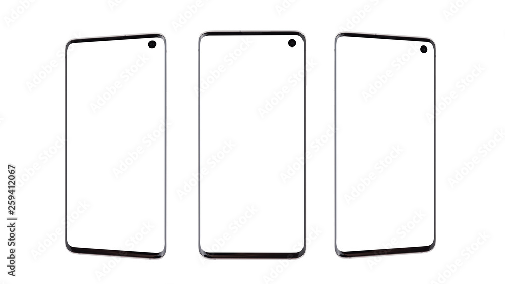 Smartphones with a blank white screen. Three smartphones on a white background. Smartphones with a blank white screen. Three smartphones on a white background.