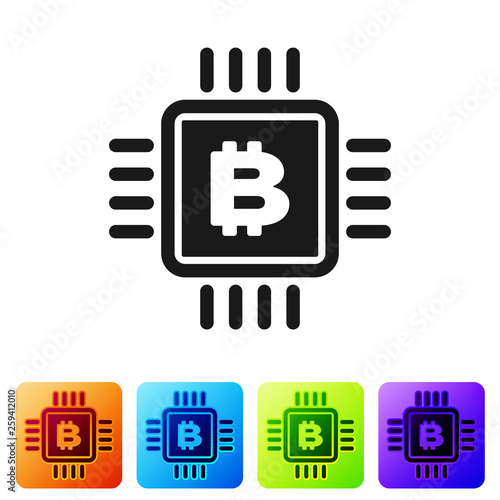 Black CPU mining farm icon isolated on white background. Bitcoin sign inside microchip. Cryptocurrency mining community. Digital money. Set icon in color square buttons. Vector Illustration