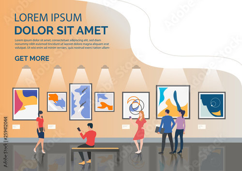 Slide page with tourists looking at artworks vector illustration