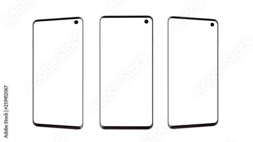 Smartphones with a blank white screen. Three smartphones on a white background.
