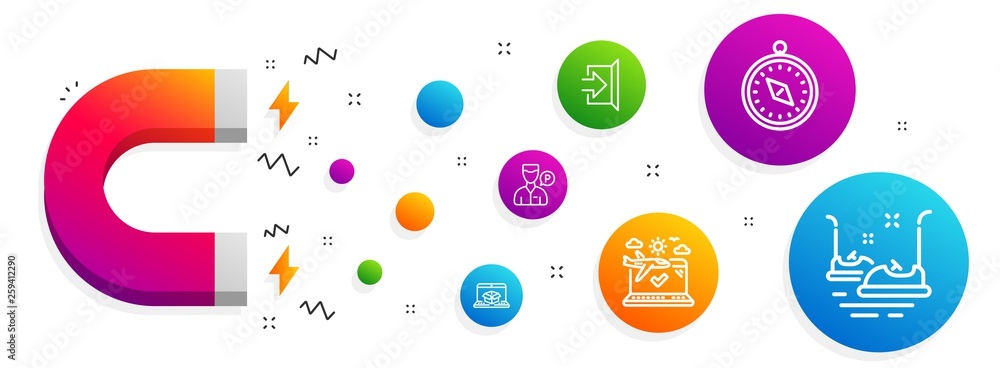 Magnet attracting. Online delivery, Airplane travel and Exit icons simple set. Valet servant, Travel compass and Bumper cars signs. Parcel tracking website, Check in. Transportation set. Vector Magnet attracting. Online delivery, Airplane travel and Exit icons simple set. Valet servant, Travel compass and Bumper cars signs. Parcel tracking website, Check in. Transportation set. Vector