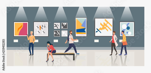 Visitors in modern art gallery vector illustration