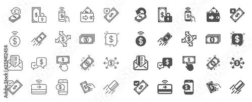 Payment wallet line icons. Set of Accept money transfer, Pay with Phone and Credit card by mail icons. Online payment, Dollar exchange and Fast money send. Private pay, Cash and Wallet. Vector
