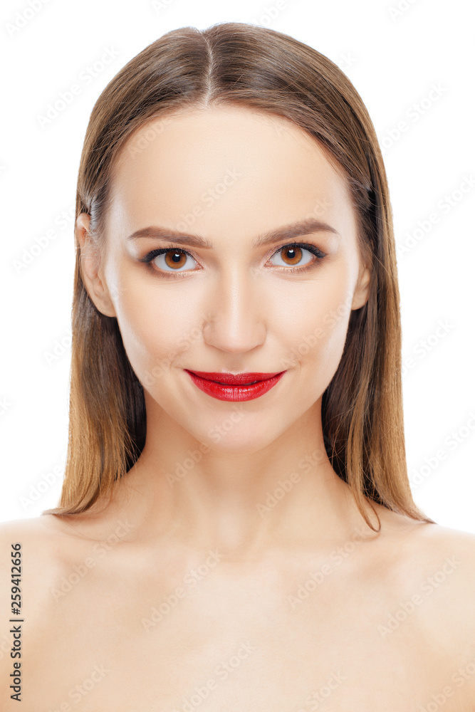 Close-up portrait of face of pretty girl with fresh healthy skin, natural makeup and red lips Close-up portrait of face of pretty girl with fresh healthy skin, natural makeup and red lips