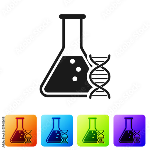 Black DNA research, search icon isolated on white background. Genetic engineering, genetics testing, cloning, paternity testing. Set icon in color square buttons. Vector Illustration