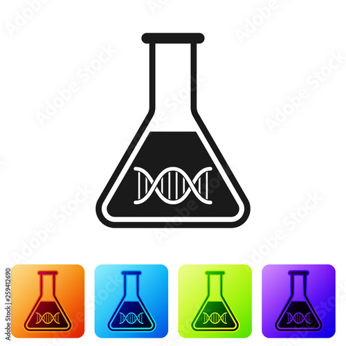 Black DNA research, search icon isolated on white background. Genetic engineering, genetics testing, cloning, paternity testing. Set icon in color square buttons. Vector Illustration