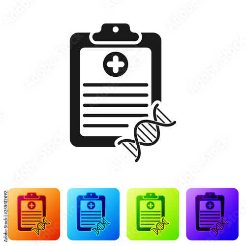 Black Clipboard with DNA analysis icon isolated on white background. Genetic engineering, genetics testing, cloning, paternity testing. Set icon in color square buttons. Vector Illustration