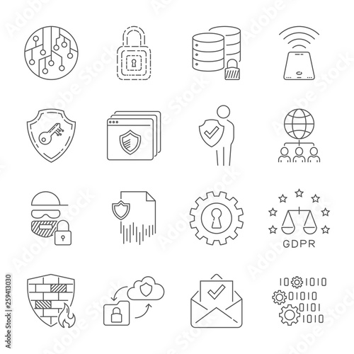 Cyber safety and data protect. Internet security information, privacy, innovation technology, network business concept. Editable Stroke. EPS 10