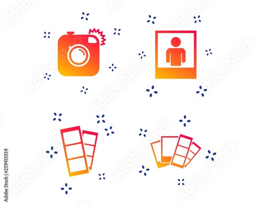 Hipster photo camera icon. Flash light symbol. Photo booth strips sign. Human portrait photo frame. Random dynamic shapes. Gradient photo icon. Vector