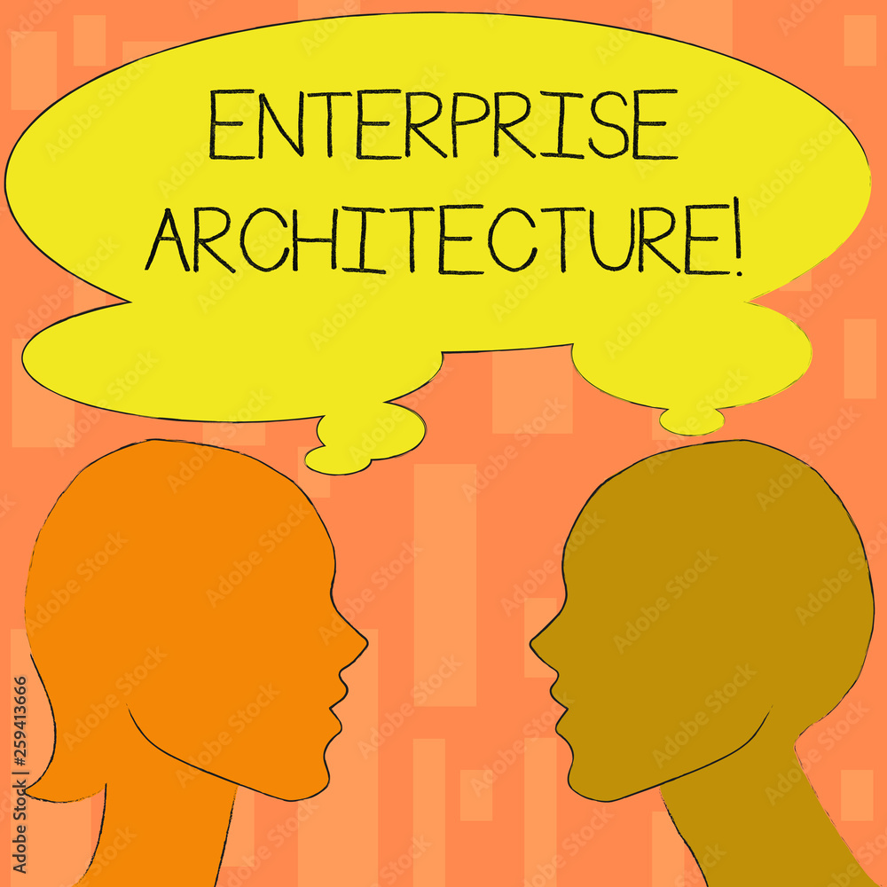 Word writing text Enterprise Architecture. Business photo showcasing practice for conducting enterprise analysis design Silhouette Sideview Profile Image of Man and Woman with Shared Thought Bubble