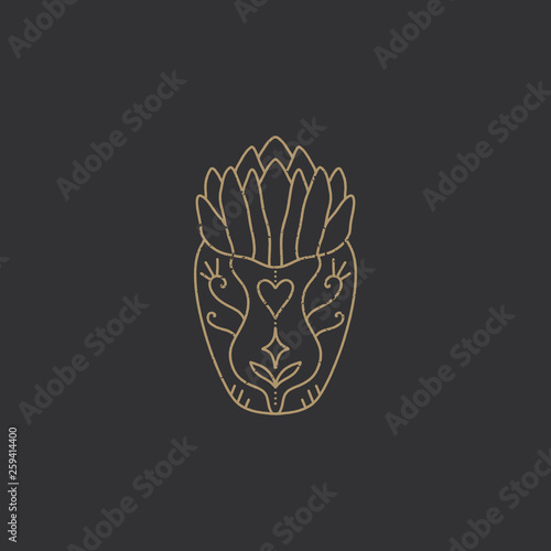 Vector floral hand drawn element. Design with house plant, gold silhouette on dark background. Clip art, label