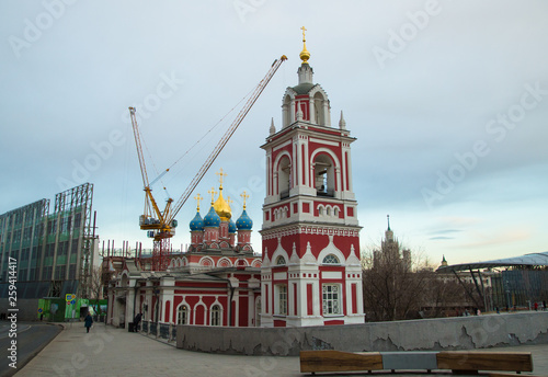 Church in Moscow and crane