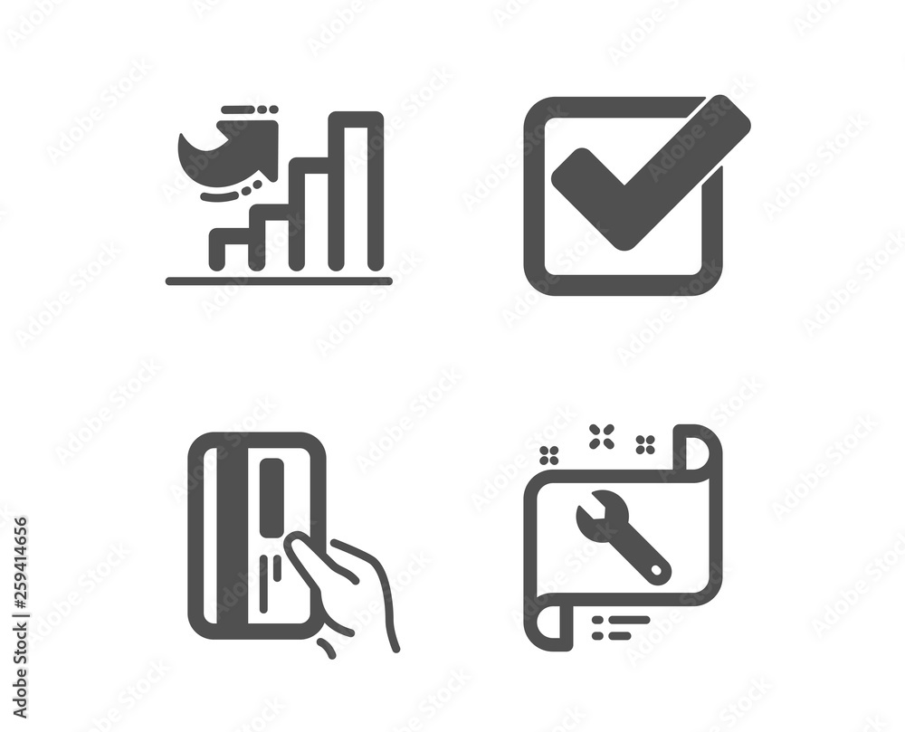 Set of Payment card, Checkbox and Growth chart icons. Spanner sign. Credit card, Approved tick, Diagram graph. Repair service. Classic design payment card icon. Flat design. Vector Set of Payment card, Checkbox and Growth chart icons. Spanner sign. Credit card, Approved tick, Diagram graph. Repair service. Classic design payment card icon. Flat design. Vector
