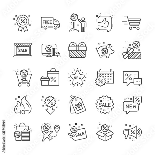 Discount line icons. Set of Sale, Shopping and New icons. Free delivery, Flight sale and Black friday discount. Hot offer, Airplane and new store. Online shopping. Black friday clearance. Vector