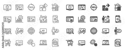 Seo line icons. Set of Increase sales, Business Ad strategy and Website optimization icons. Puzzle, Web seo timer and Analytics increase graph. Search engine, Ad sales pie chart, like icon. Vector