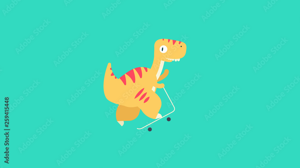 Fototapeta Dinozaur pozujący na hulajnoga płaskiej wektorowej ilustraci