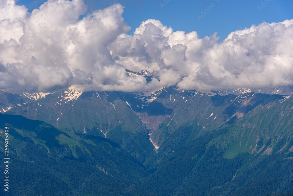 Mountain range in clouds
