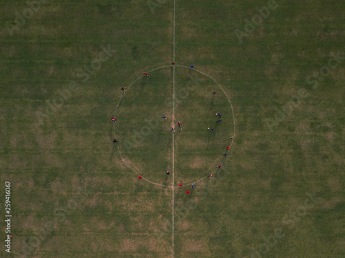 Aerial view of soccer players training 