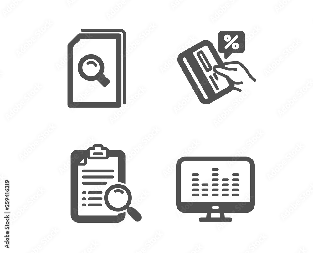 Set of Credit card, Search files and Search analysis icons. Music making sign. Loan percent, Magnifying glass, Find survey. Dj app. Classic design credit card icon. Flat design. Vector Set of Credit card, Search files and Search analysis icons. Music making sign. Loan percent, Magnifying glass, Find survey. Dj app. Classic design credit card icon. Flat design. Vector