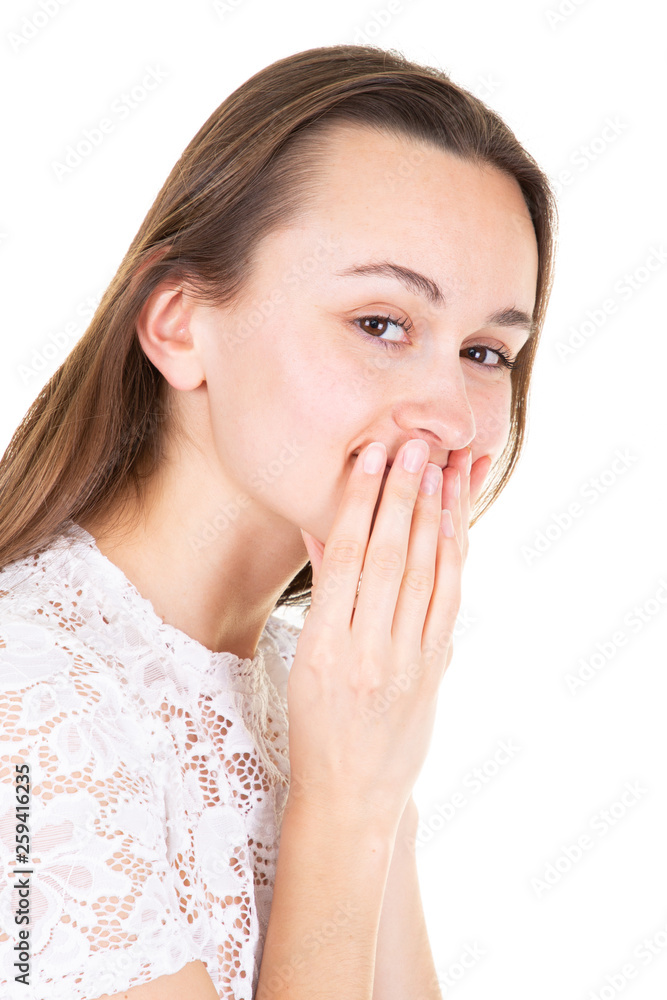 young woman hiding something secret making do not tell me with hands young woman hiding something secret making do not tell me with hands