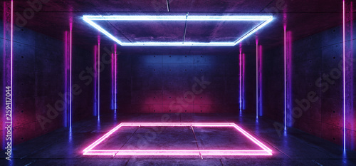 Vibrant Retro Neon Glowing Purple Blue Fluorescent Futuristic Sci Fi Rectangle Shaped Abstract Stage Lights Dance Room Empty Reflective Cement Concrete 3D Rendering