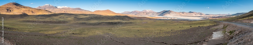 The amazing Andes Altiplano at high altitudes, meadows and salt flats and lakes above 4,000 masl with amazing views over Andes mountains range. An idyllic and inspirational infinity landscape