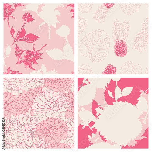 Beautiful tropical leaves and flowers spring pattern design set
