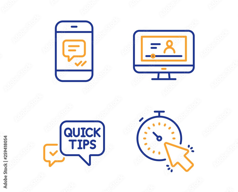 Quick tips, Message and Online video icons simple set. Timer sign. Helpful tricks, Phone messenger, Video exam. Time management. Technology set. Linear quick tips icon. Colorful design set. Vector Quick tips, Message and Online video icons simple set. Timer sign. Helpful tricks, Phone messenger, Video exam. Time management. Technology set. Linear quick tips icon. Colorful design set. Vector